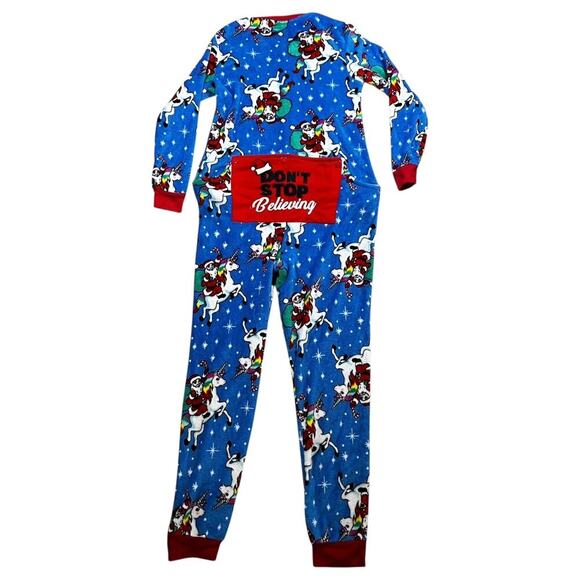 Santa Unicorn Christmas Pajamas One Piece Drop seat Don't Stop Believing size M - Picture 9 of 9